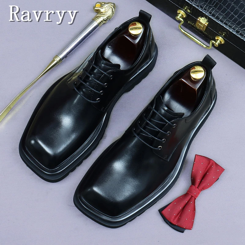 Men New British Style Genuine Leather Shoes Square Toe Thick Soled Lace Up Handmade Wedding Business Formal Oxford Shoes