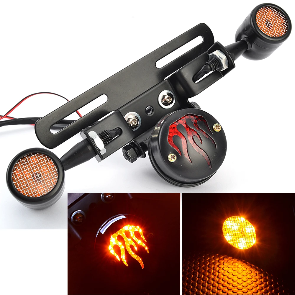 Motorcycle Retro Flame Rear LED Tail Light License Plate Bracket Driving Brake Turn Signal Light Integrated Taillight Universal