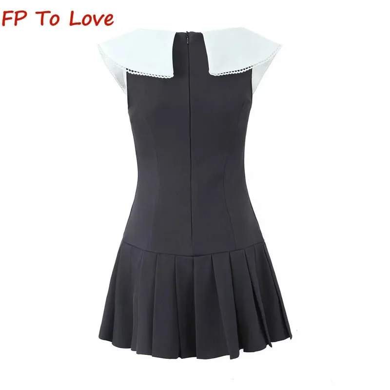 Y2K Clashing Colour Sleeveless Waist Dress College Style Doll Neck Bow Pleated A-line Short Corset Gowns