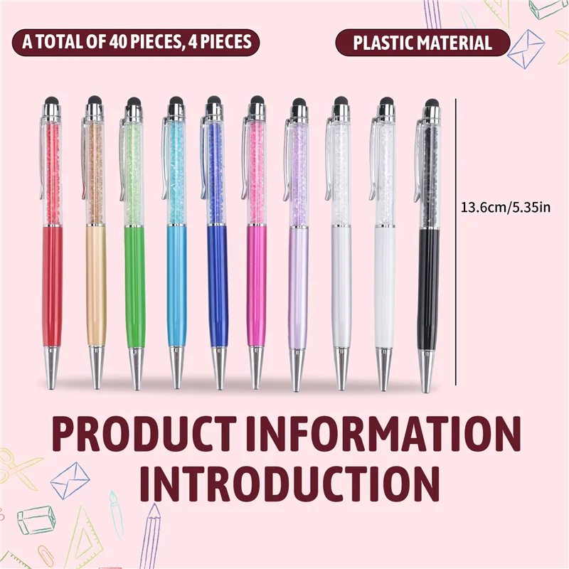 EDT-40Pcs Bolígrafo de cristal a granel brillante 2 en 1 lápiz óptico de pantalla de diamante de cristal delgado bolígrafo de tinta de Gel negro bolígrafo con brillo
