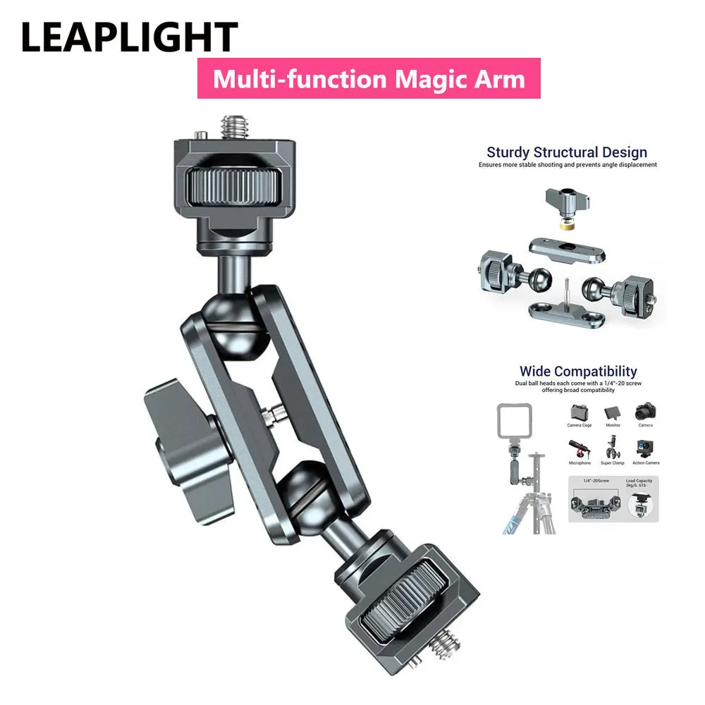 LEAPLIGHT Upgrae Metalowe magiczne ramię z podwójną głowicą kulową 360 1/4'' Śruba przedłużająca do statywu do aparatu DSLR Monitor wideo Mikrofon Światło