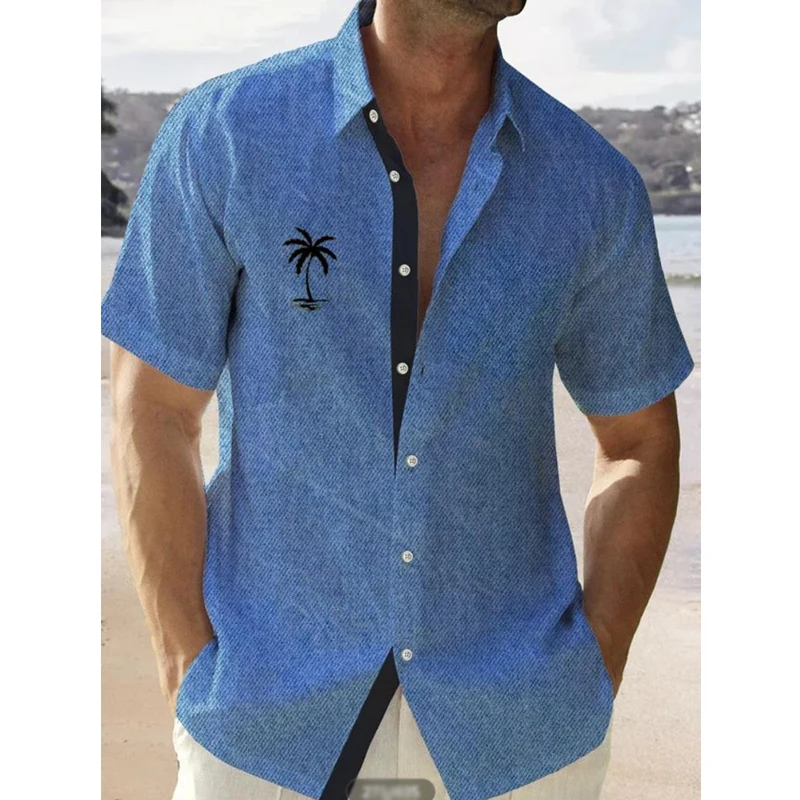 Casual Short Sleeve Fitted Polo Shirt Top Men Clothing New Arrival Lapel Button-up T Shirt for Man Retro Tree Print Beach Shirt