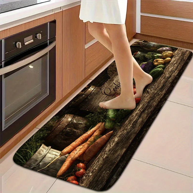Vintage Wood Board Fresh Vegetable Print Long Kitchen Runner Mat Anti Slip Absorbent Floor Rug for Sink Cooking Area Laundry