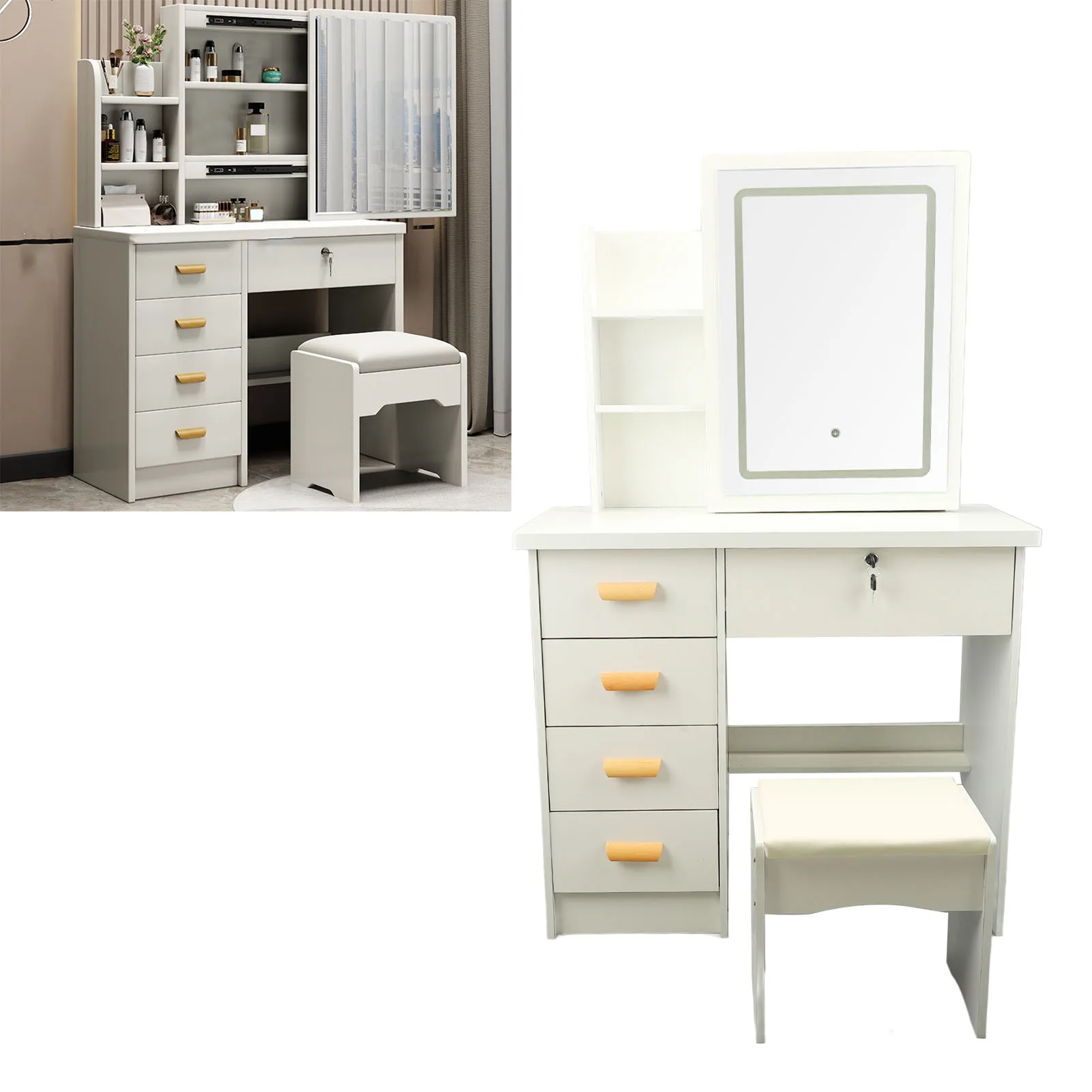 

Dressing Table Elegant Padded Stool Vanity Desk Lighted Mirror Sturdy Structure Easy Assembly with Drawers Shelves for Bedroom