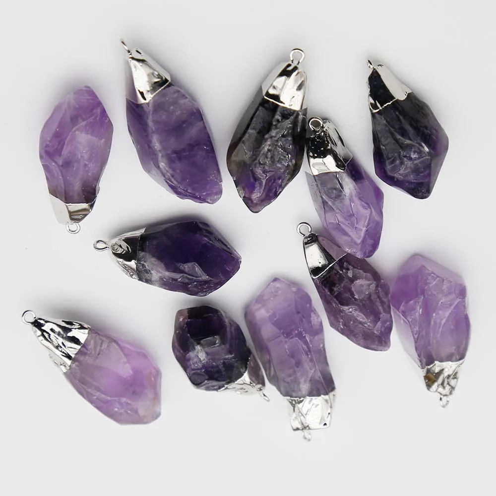 Natural Amethyst Silver Plated Pendant Irregular Raw Stone Necklace Earrings Jewelry Accessories Wholesale7Pcs/Lot Free Shipping