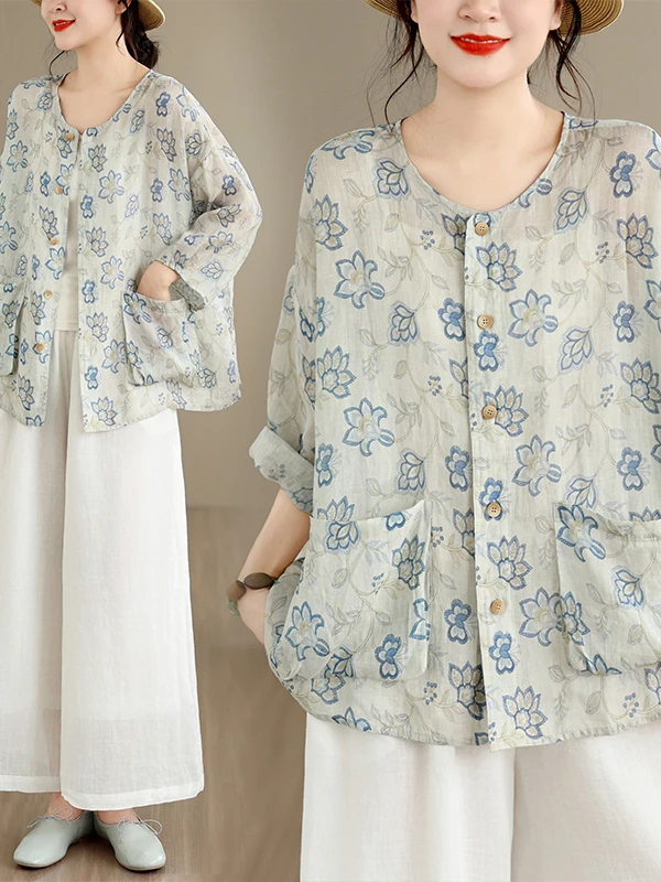 

Retro Blue And White Porcelain Print Shirt Women's Summer Thin Sun Protection Top Breathable Loose Fit round Neck Short Sleeve