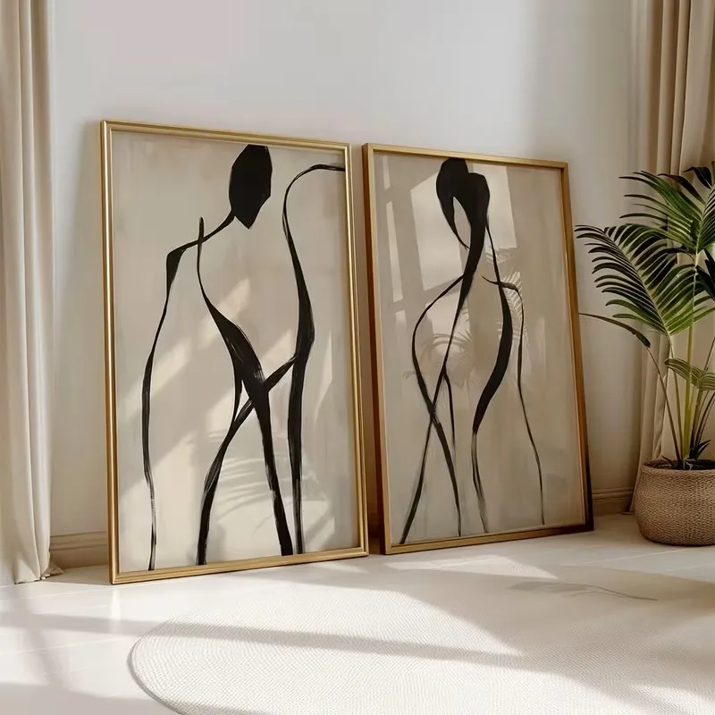 2pcs Abstract Black Beige Line Canvas Poster Picture Art Wall Printed Matter Minimalist Female Figure Living Room Home Decoratio
