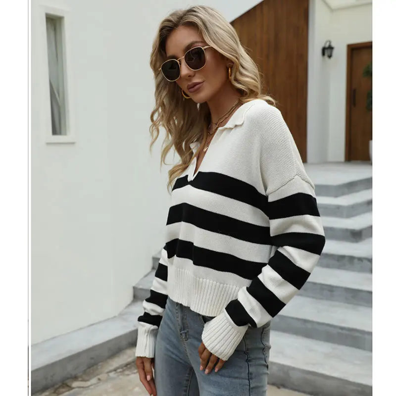 2024 Spring Autumn New Long Sleeve POLO Collar Cotton Knitted Top Women\'s Loose Stripe Contrast Pullover Sweater Women