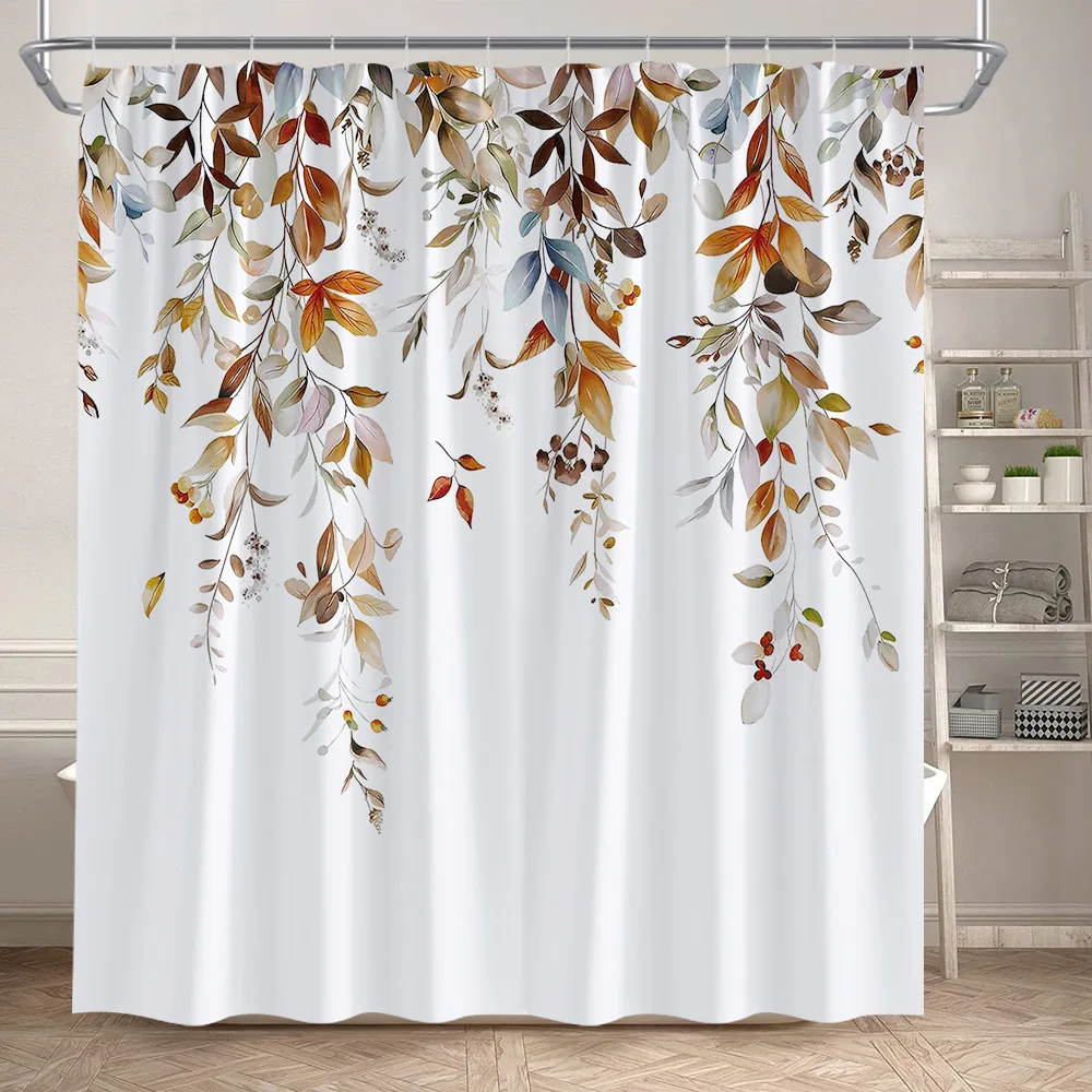 Eucalyptus Leaves Shower Curtains Autumn Brown Leaf Watercolour Plants Modern Bath Curtain Polyester Fabric Home Bathroom Decor