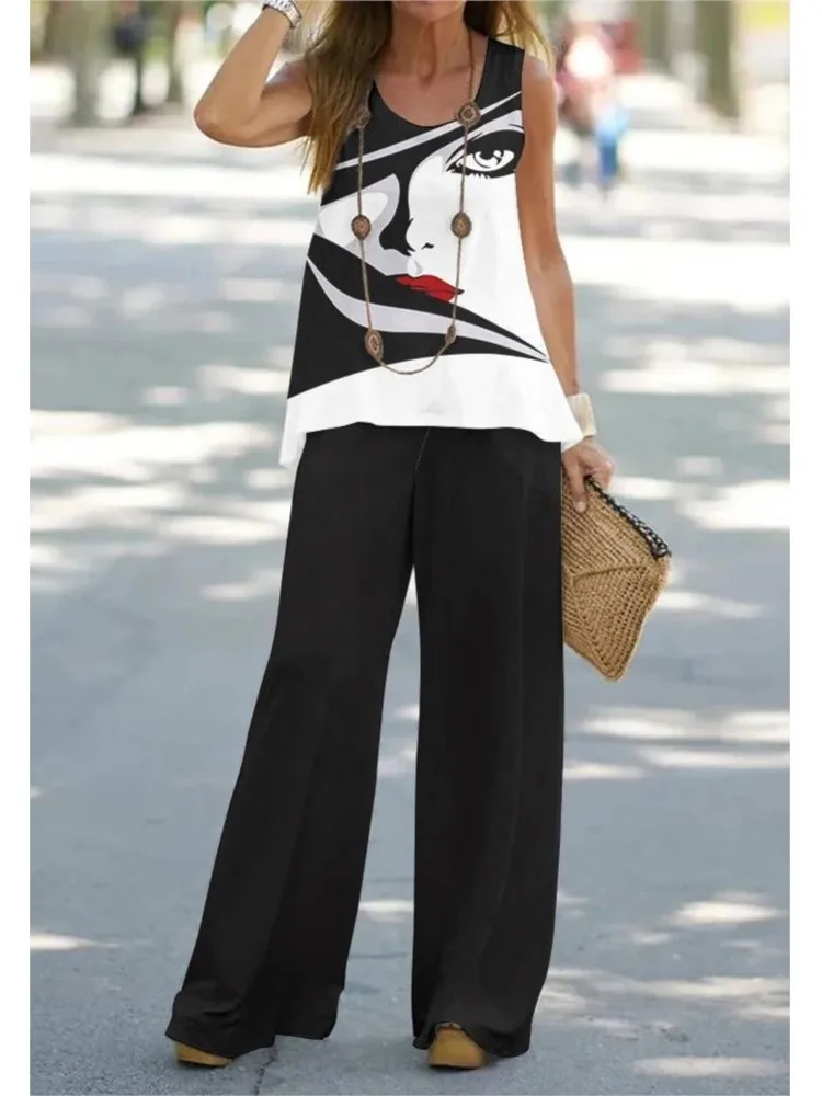 

Summer Print Suit 2024 Women Sleeveless Round Neck Top Wide Leg Pants Set Two Piece Set New Loose Casual Women's Clothing