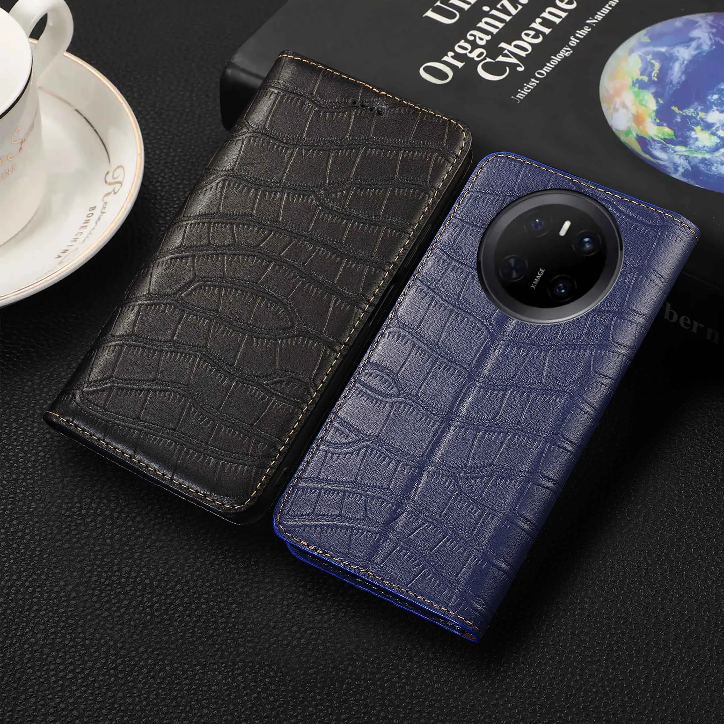 

For HuaWei Mate 9 10 20 20X 30 40 50 60 70 4G 5G Pro Lite Plus RSR Crocodile Belly Pattern Genuine Leather Flip Phone Cover Case