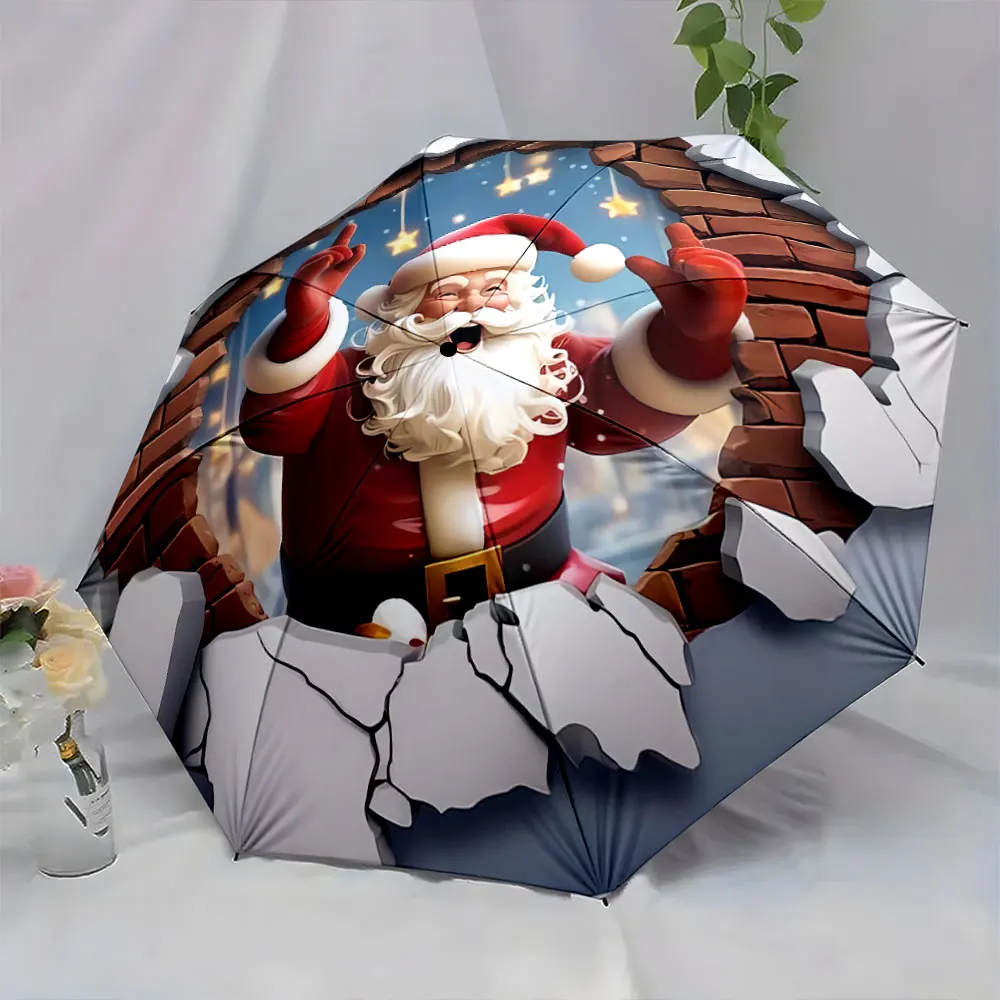 Santa Claus Cheerful Brick Wall Christmas Design Umbrella portable waterproof sun rain umbrella for outdoor travel beach
