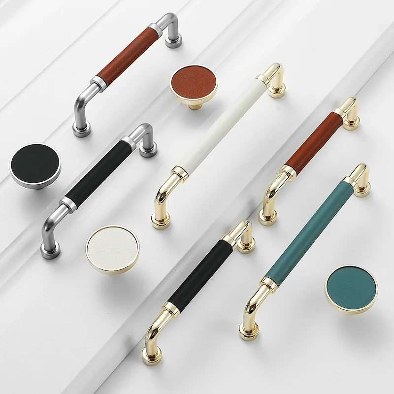 Colorful Handmade Leather Handle Nordic Zinc Alloy Luxury Wardrobe Door Handle Simple Solid Color Leather Cabinet Handle