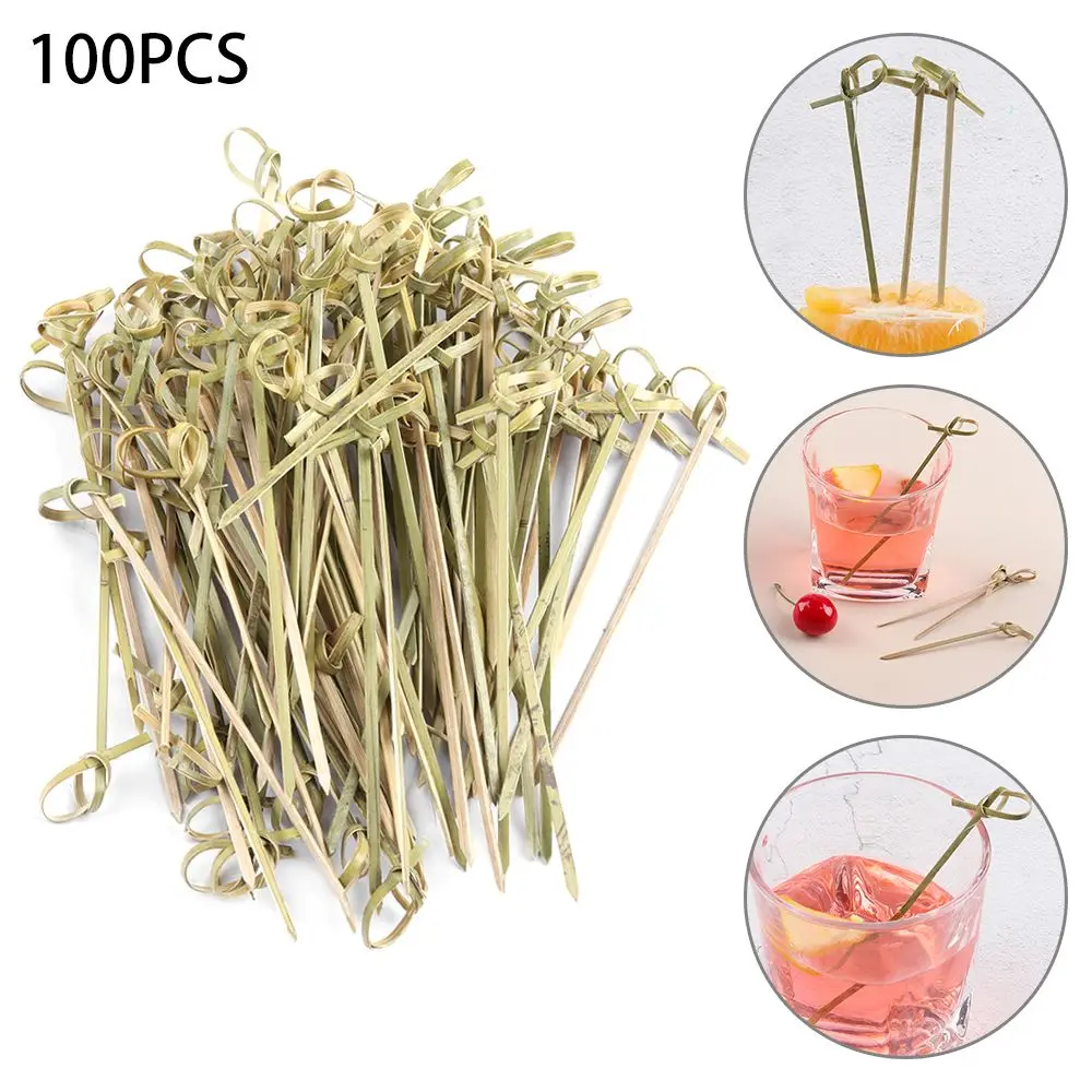 100pcs Household Kitchen & Bar Bar Tool Stick Cocktail Picks Fruit Forks Bamboo Knot Skewers