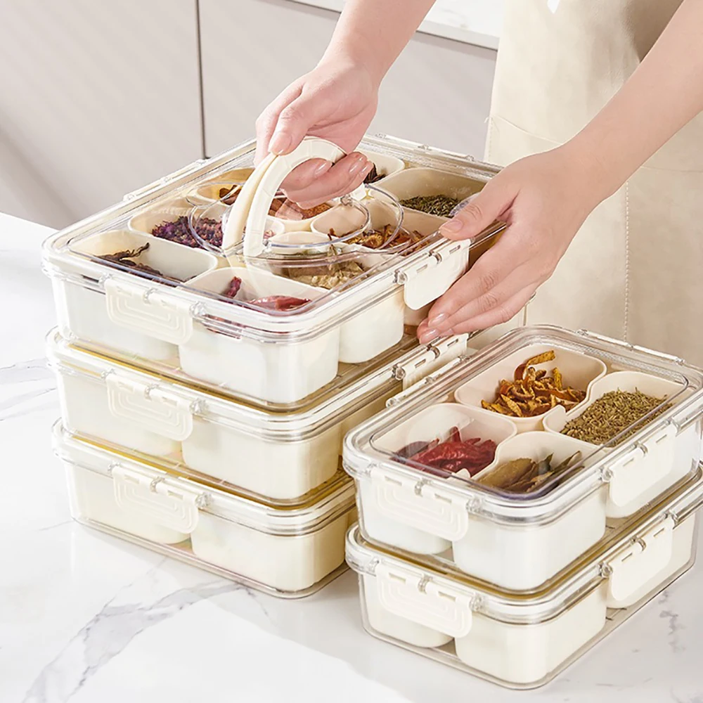 Compartment Plate with Lid, Food Storage Container, Snack Box, 4/8 Cells Snack Box, Vegetable and Fruit Storage Box for Refriger
