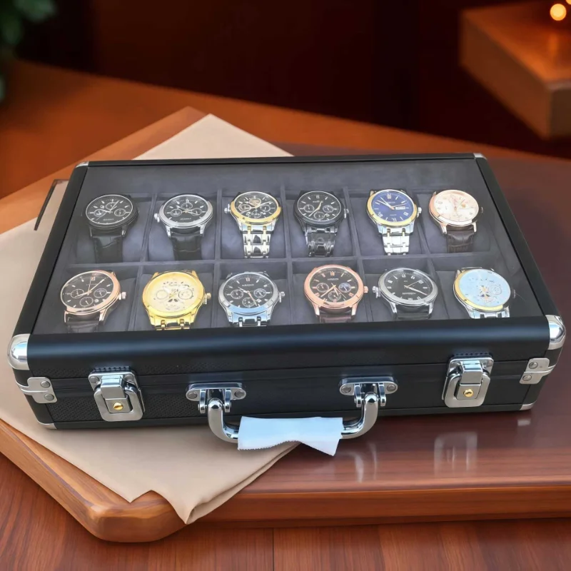 Lockable Watch Organizer Box 12 Slots Waterproof Watches Storage Case Luxury Men's Wrist Watch Box Skylight Watches Display Box