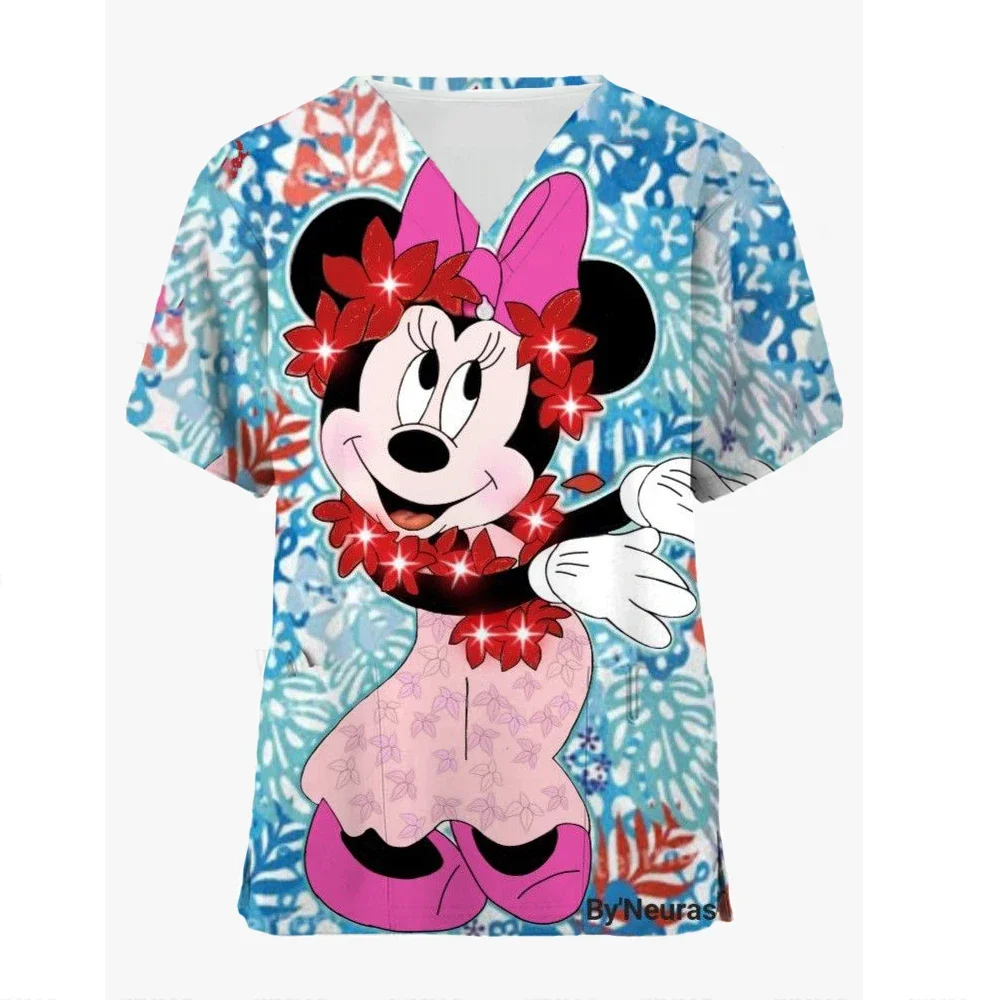 Pocket T-shirts Mickey Nurse Uniform Top Women 2024 V Neck Tops Disney Woman Clothes Hospital T-shirt Minnie Mouse Summer Tees