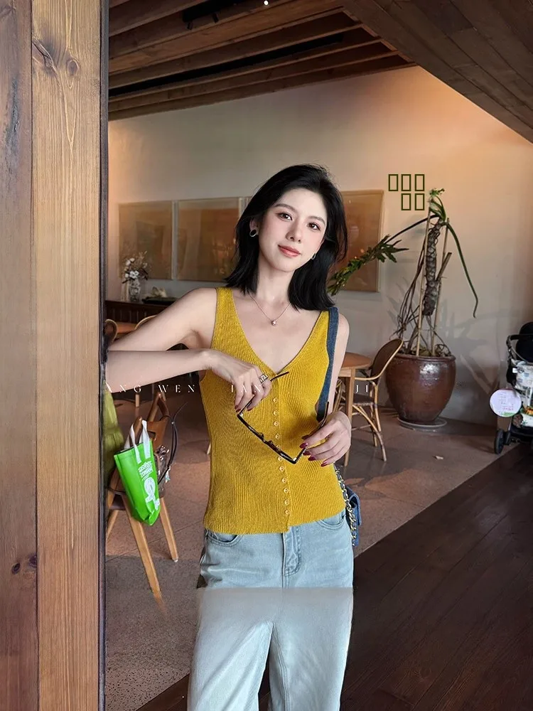 

Yellow Hanging Ne Linen Knitted Vest V-Ne Svel Outerwear Unique Beautiful Top for Women Casual Sle Loose Fit