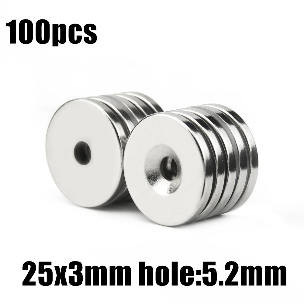 

100pcs 25x3mm Hole: 5.2mm super Strong Round Neodymium Countersunk Ring Magnets Rare Earth N35