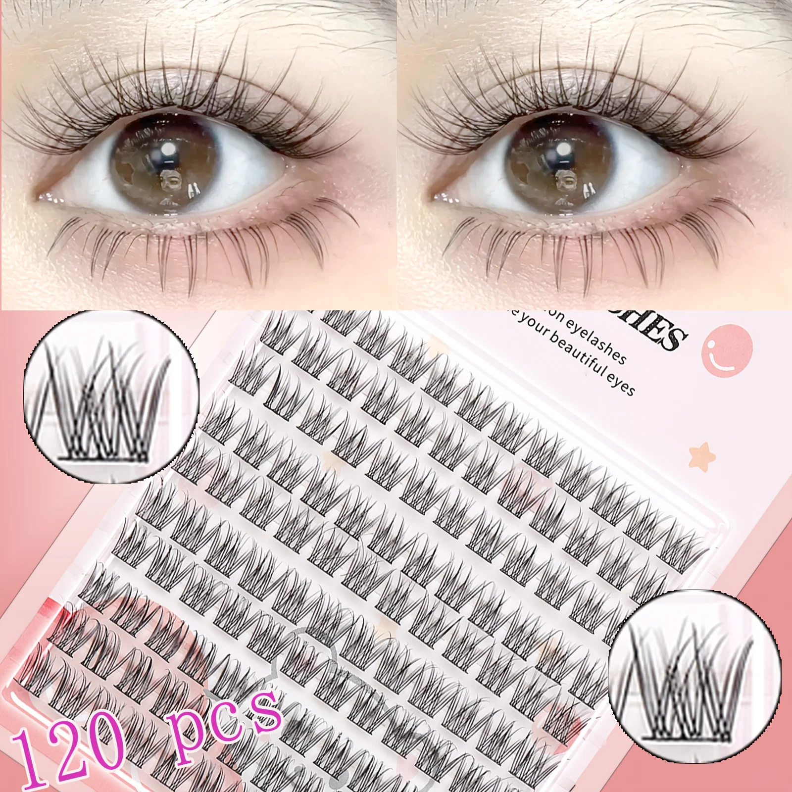 120本のつけまつげ、漫画風の自然な見た目、密でふわふわ、リアルな束を作るためのクロスデザイン、初心者に最適