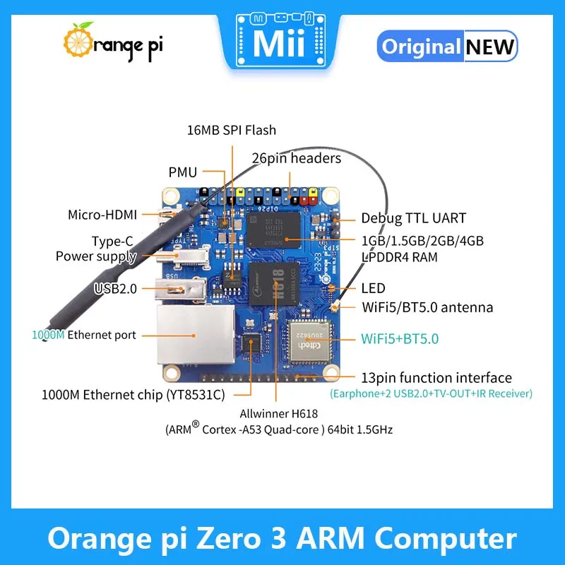 Imagem -04 - Placa Laranja pi Zero3 Arm Allwinner H618 Cortex-a53 Cpu 1g 1.5g 2g 4g Ram Lpddr4 Linux