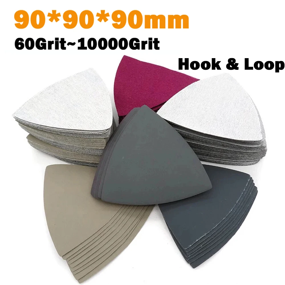 

5~100Pcs Triangle Wet Dry Sandpaper Hook & Loop Sander 90*90*90mm Sand Pads 60Grit~10000Grit