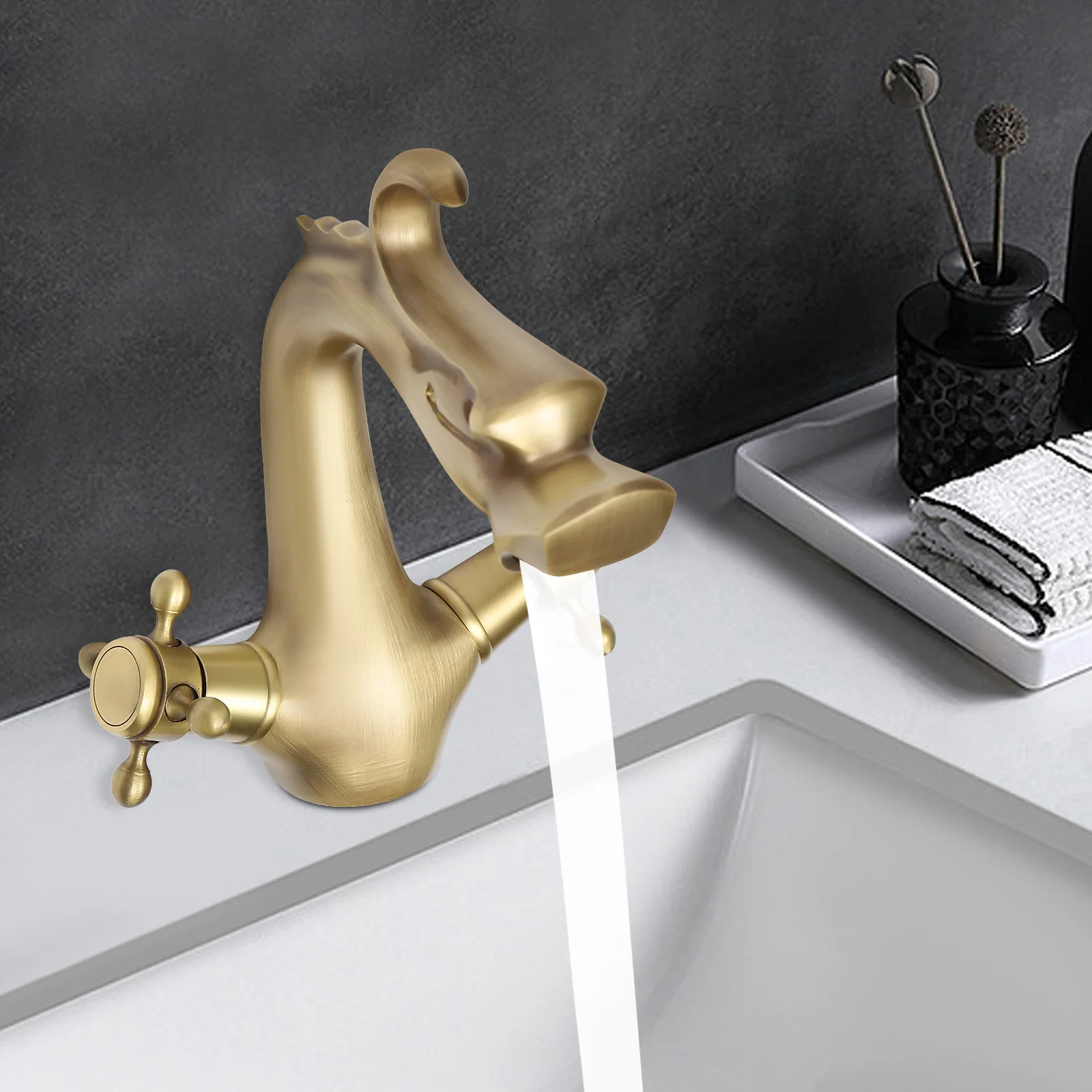 Dragon Shape Bathroom Sink Mixer Tap, Two-Handle Faucet, One Hole, Deck Mount Lavatory, Gold