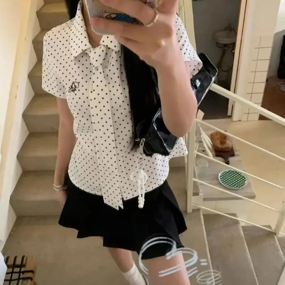 

Short Polka Dot Shirt Ruffle Streetwear Women Polka Dot Blouse Half Circle Design Stripes Long Sleeve Tops Lady Business