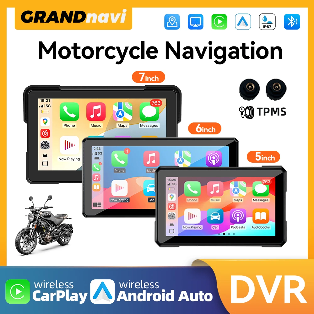

New 5/6/7‘’ Motorcycle Multimedia Player Wireless CarPlay Android Auto GPS Navigation Recorder IP67 Waterproof BT Touch Screen