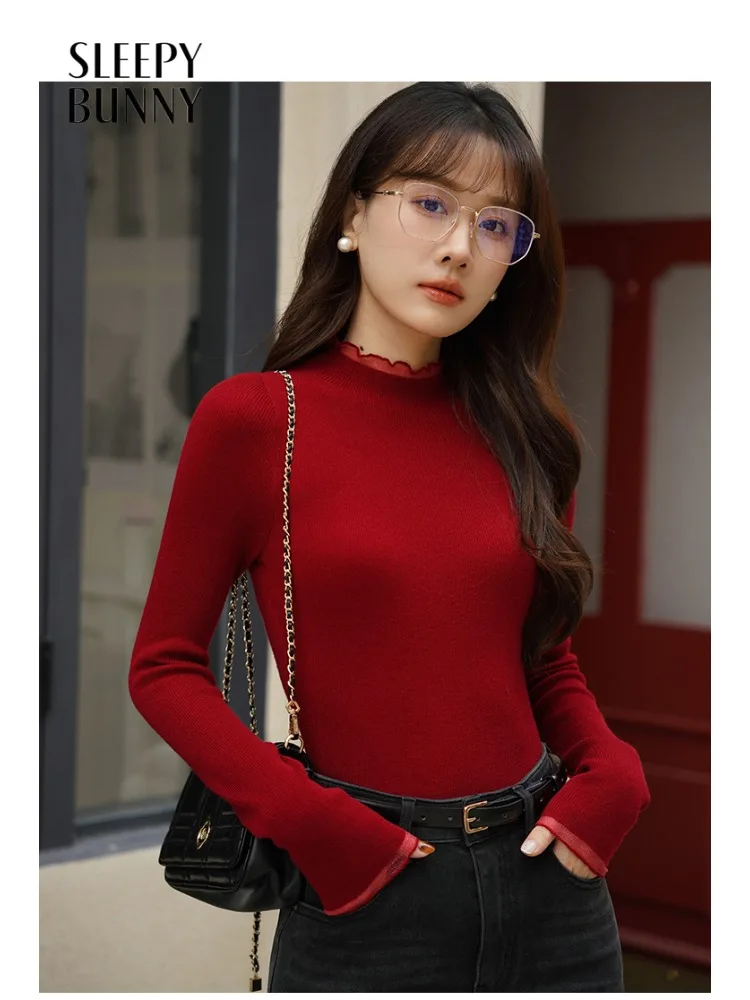 

Elegant Ribbed Knit Top Women Slim Mock Neck Pullover Autumn Winter Warm Stretch Long Sleeve Sweater for Office Casual Outfits