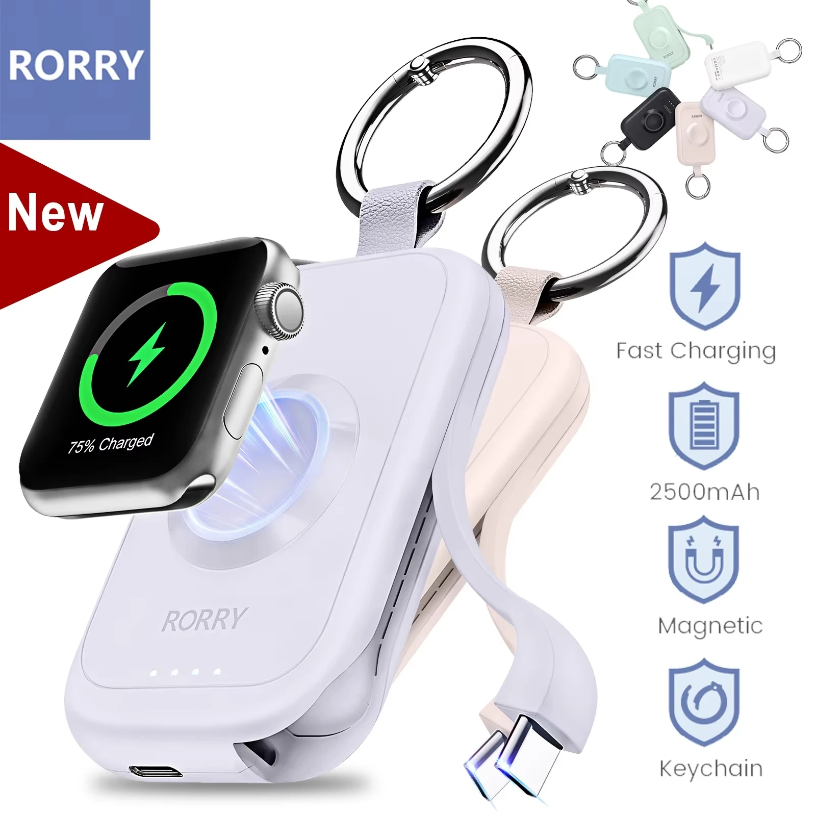 

RORRY Mini 2500mAh Magnetic Portable Charger for iWatch Series & iPhone 16 15 Fast Charging Power Bank with Built-in Cable