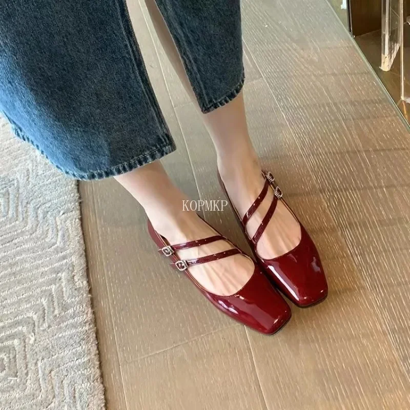 2024 Women\'s Flats Patent Leather Mary Janes Shoes Square Toe Double Buckle Designer Shoes Low Heels Female Autumn Zaptos Mujer