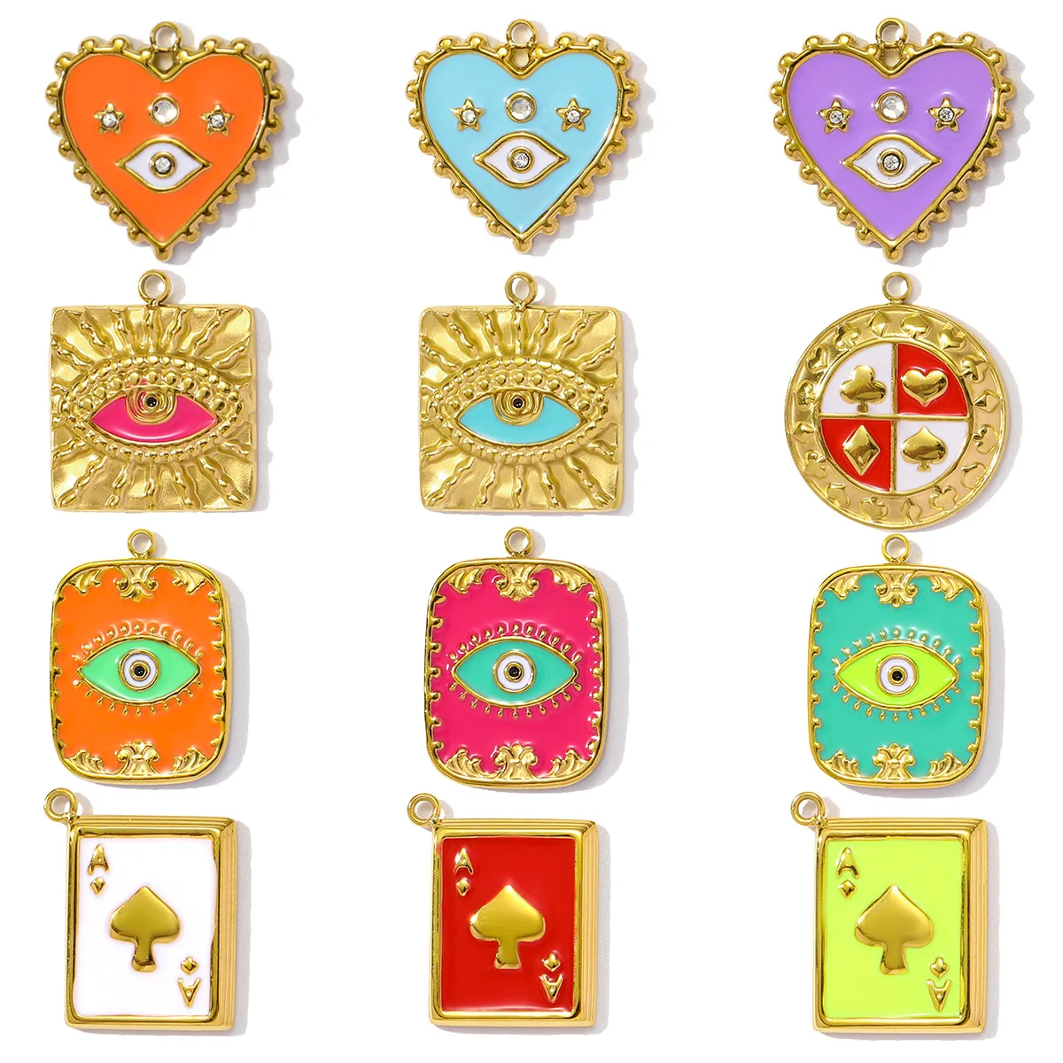 3pcs/Lot Wholesale Stainless Steel Enamel Square Heart Diy Earring Charms Woman Evil Eye Necklace Pendants Poker Jewelry