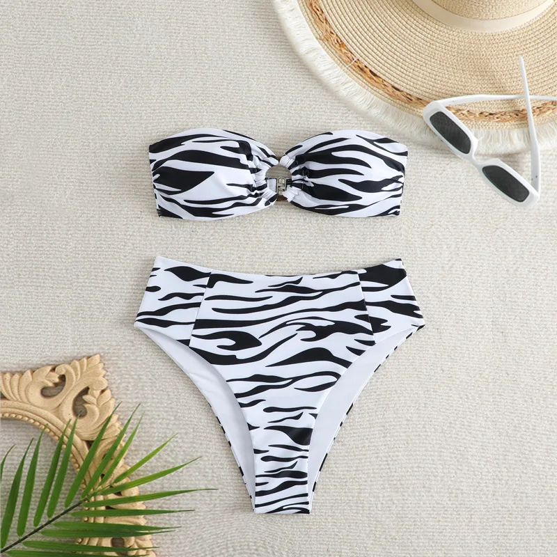 Bandeau High Waist Bikini Swimsuit Women 2024 Push Up Bikinis Zebra Print Two Pieces Swimsuit Swimwear Female Swim Bathing Suit