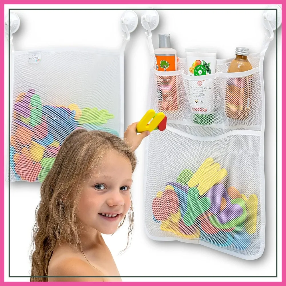

2x Mesh Bath Toy Organizer + 8 Ultra Strong Hooks – Bathtub Toy Holder & Shower Caddy for Easy Storage