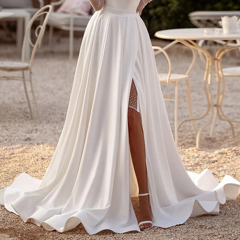 

Satin Wedding Detachable Overskirt A Line Floor Length Formal Party Long Skirts High Side Slit Waistband Bridal Train Customized