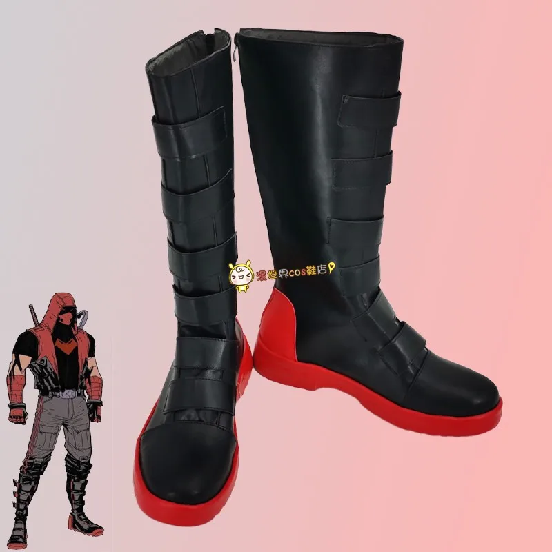 

Redhood Jason Todd Обувь для косплея Черные, красные ботинки из искусственной кожи ручной работы Сапоги для вечеринки в честь Рождества и Хэллоуина