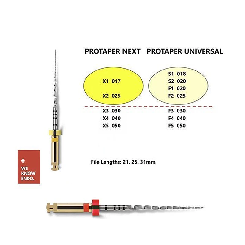 ملف Dentsply ProTaper Next كبير مدبب من النيكل والتيتانيوم، ملف قناة الجذر للاستخدام الآلي، عبوة من 3 قطع
