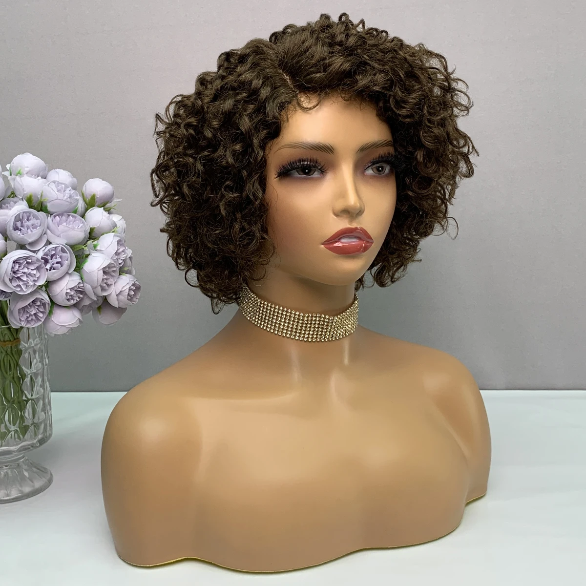 Miss Rola Brazilian Short Pixie Cut Wigs Brown Curly Human Hair Wig Side Part Lace Wigs Human Hair Remy 8 Inch 180% Density