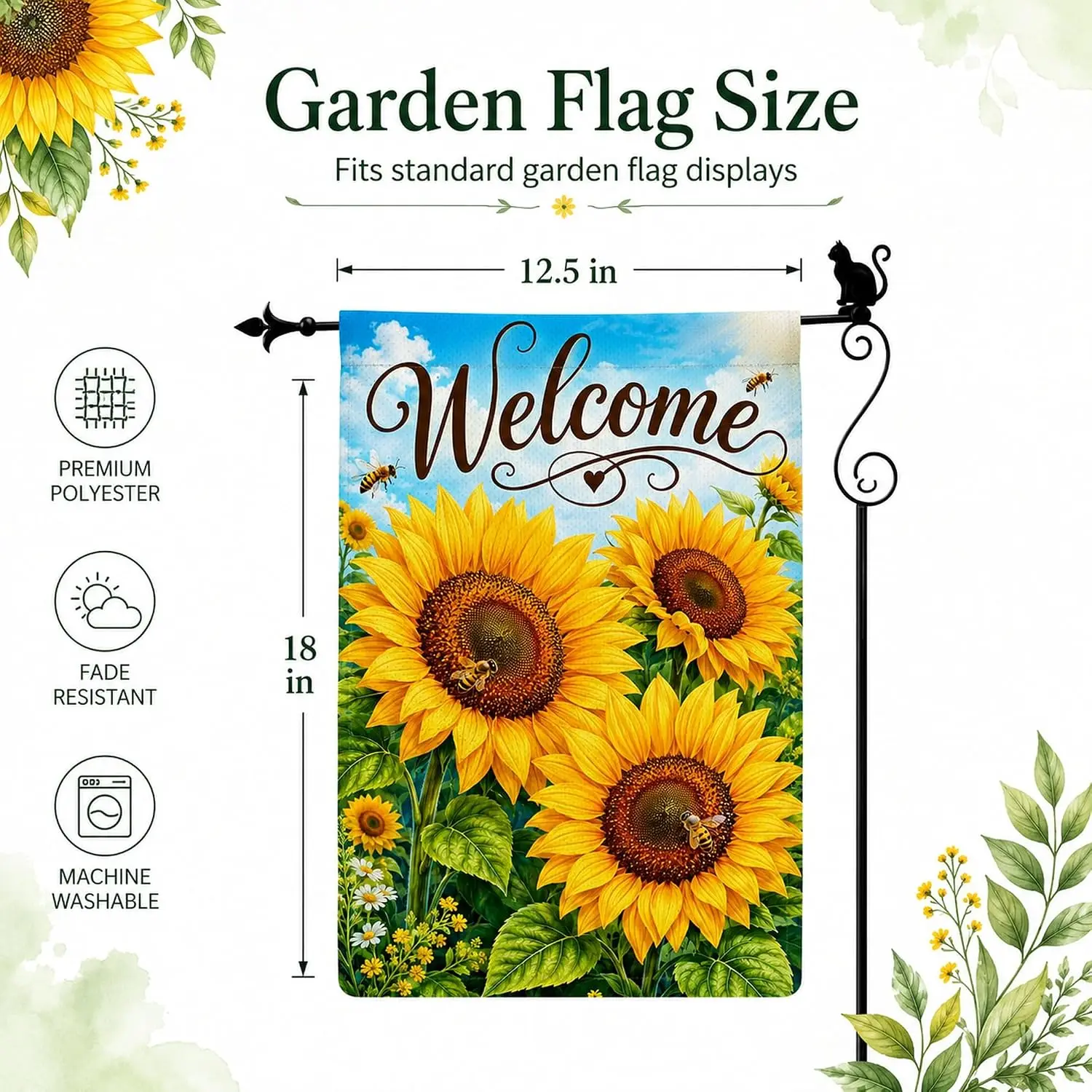 Welcome Sunflower Bee Garden Flag, Double Sided 12 x 18 Inch Burlap Outdoor Yard Flag for Porch Patio Lawn Decor kkz
