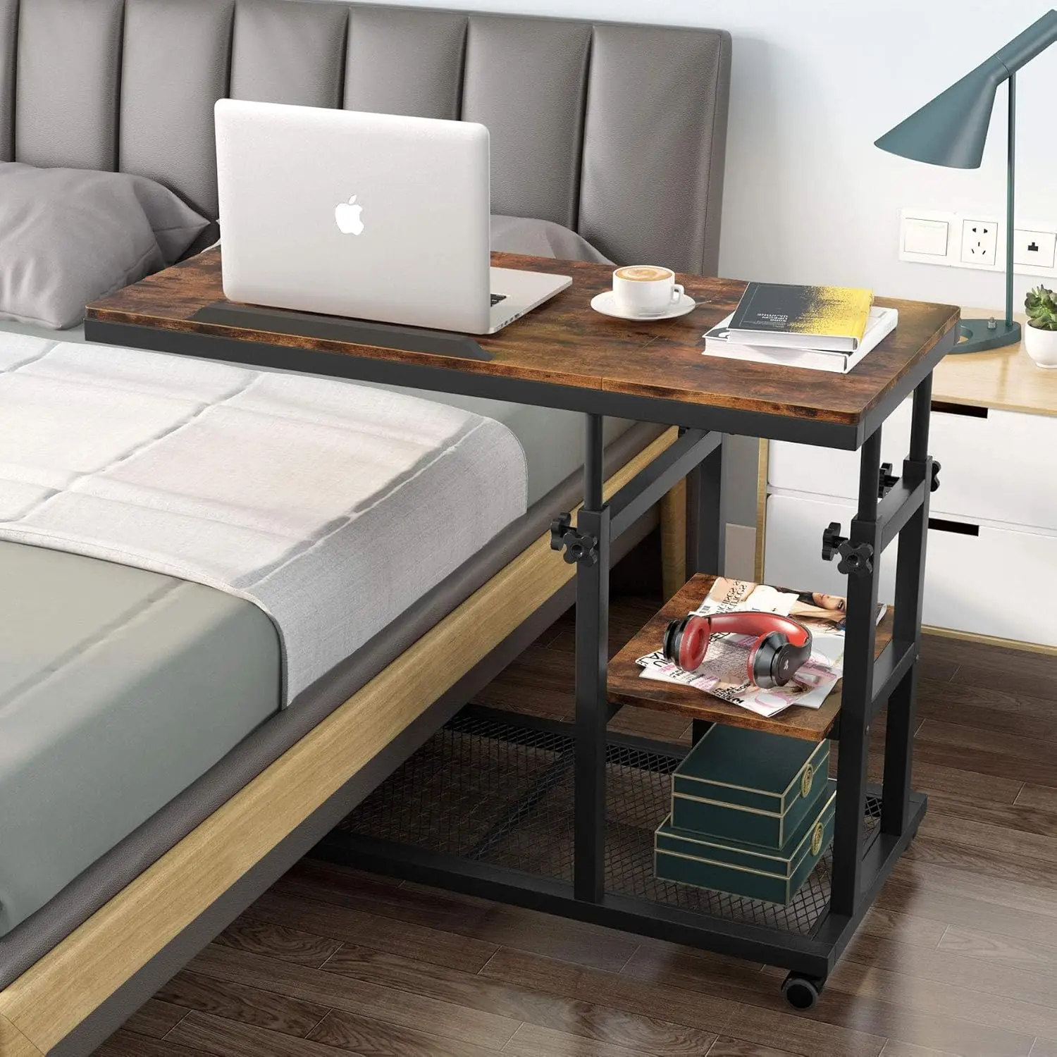 Height Adjustable C Table with Wheels, Mobile Couch Snack Side Table with Tiltable Drawing Board,with Storage Shelves