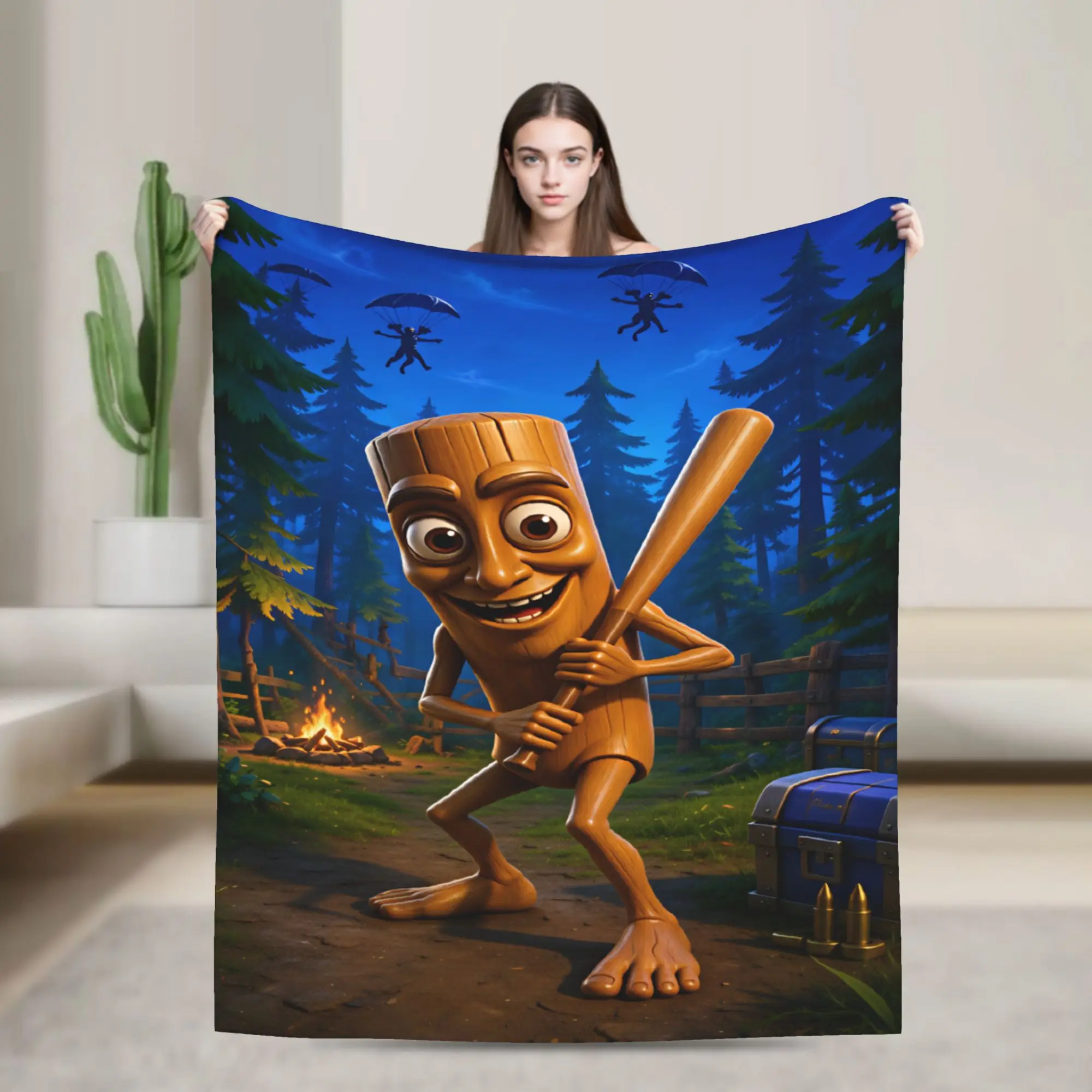 Tung Cartoon Character Holding Baseball Bat Forest Scene Soft Cozy Blanket Throw Blanket Home Decor Flannel Bedspread Sofa Cover