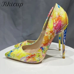 Tikicup Hawaii Style Women Oil Painting Printed Patent Pointed Toe High Heels Fashion Ladies Stiletto Pumps Large Size 33-46