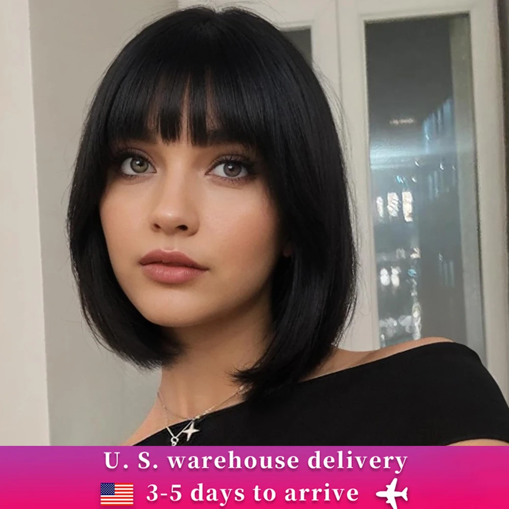 Black Short Bob Wig Straight Black Bob Wig with bangs 10 inch Straight Bob Bangs Wig for Women Natural Glueless Wig Short Straig