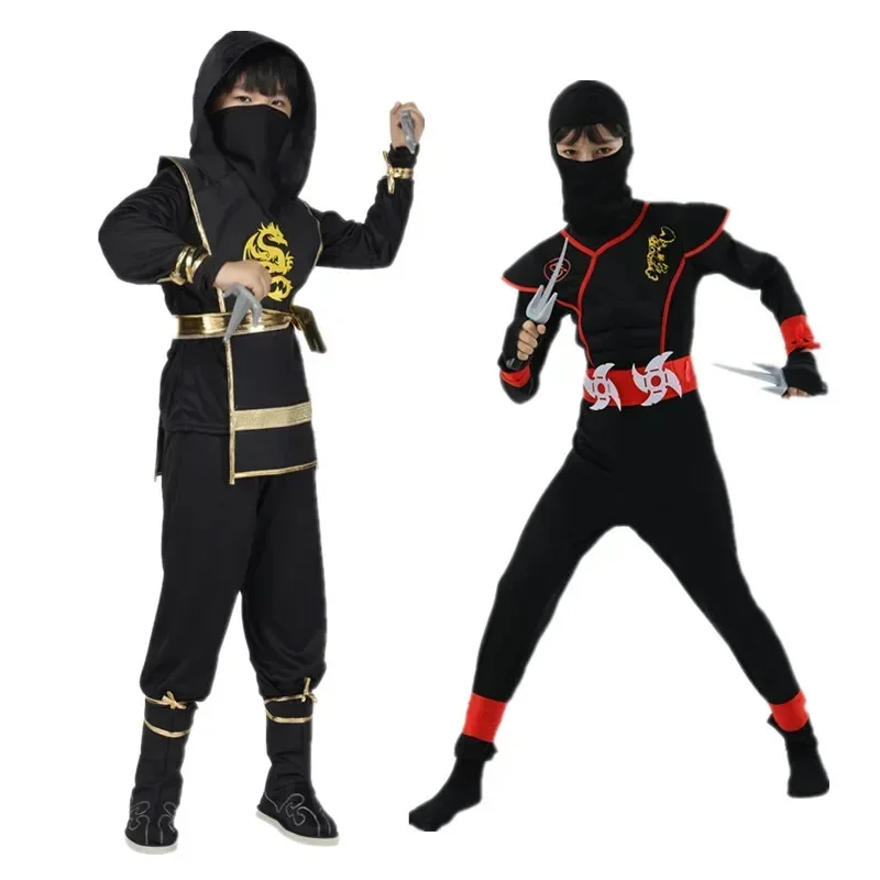 2025 New Carnival Boys Kids Ninja Costume Cosplay Assassin Samurai Warrior Muscle Jumpsuit Children Halloween Fancy Dress Up AA