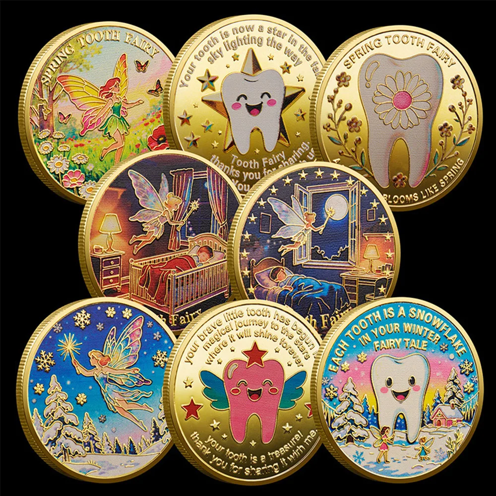 4Pcs Tooth Fairy Commemorative Coin Set, Gold Plated Colorful Fairy Tale Coins for Kids Children's Tooth Exchange Souvenir Set