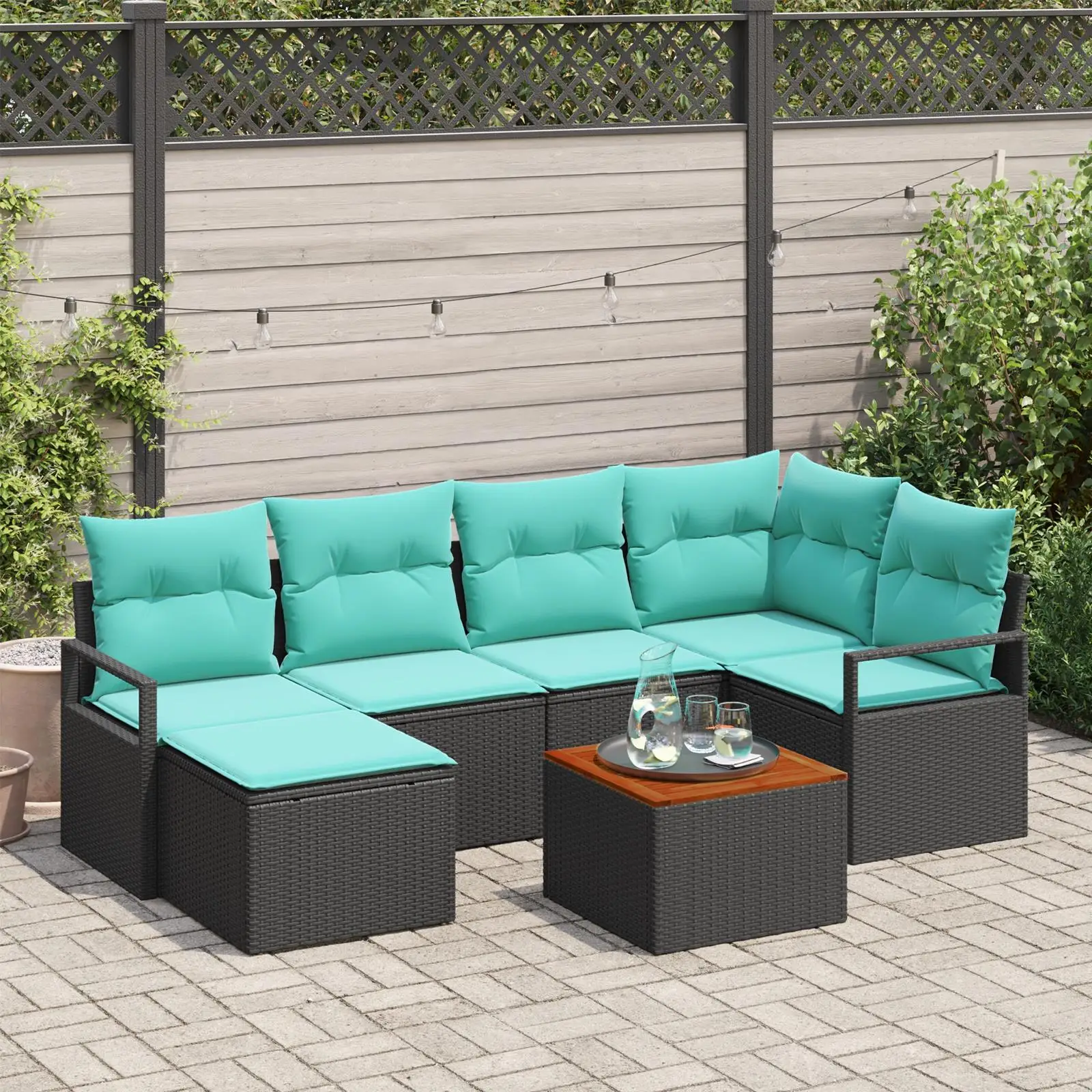 

7 Piece Outdoor Sofa Set with Cushions Black Rattan and Acacia Wood Furniture