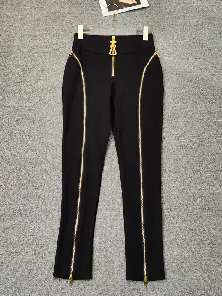 Retro Irregular Metal Zipper High Waist Small Leg Pants Summer Women's Clothing Fashion Versatile Tight Nine-Point Pants
