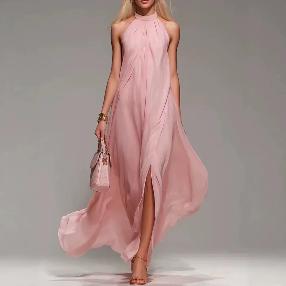 

New Summer Solid Color Sexy Halter Neck Backless Sleeveless Pink Long Skirt Feminine Elegant High Slit Seaside Vacation Dress