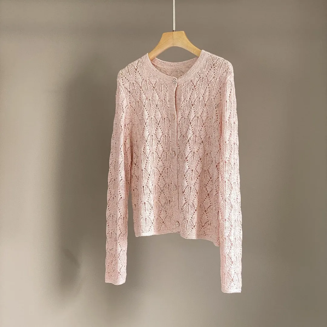 2025 Primavera y novedad de verano, chaqueta cárdigan de punto a la moda de lino de seda, chaleco informal versátil, traje para mujer